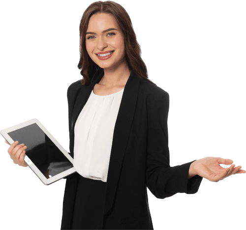 woman with tablet hand out